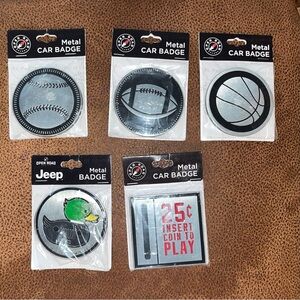 5 Metal Car Badges Baseball Football Basketball Jeep And Insert Coin 2x2 New